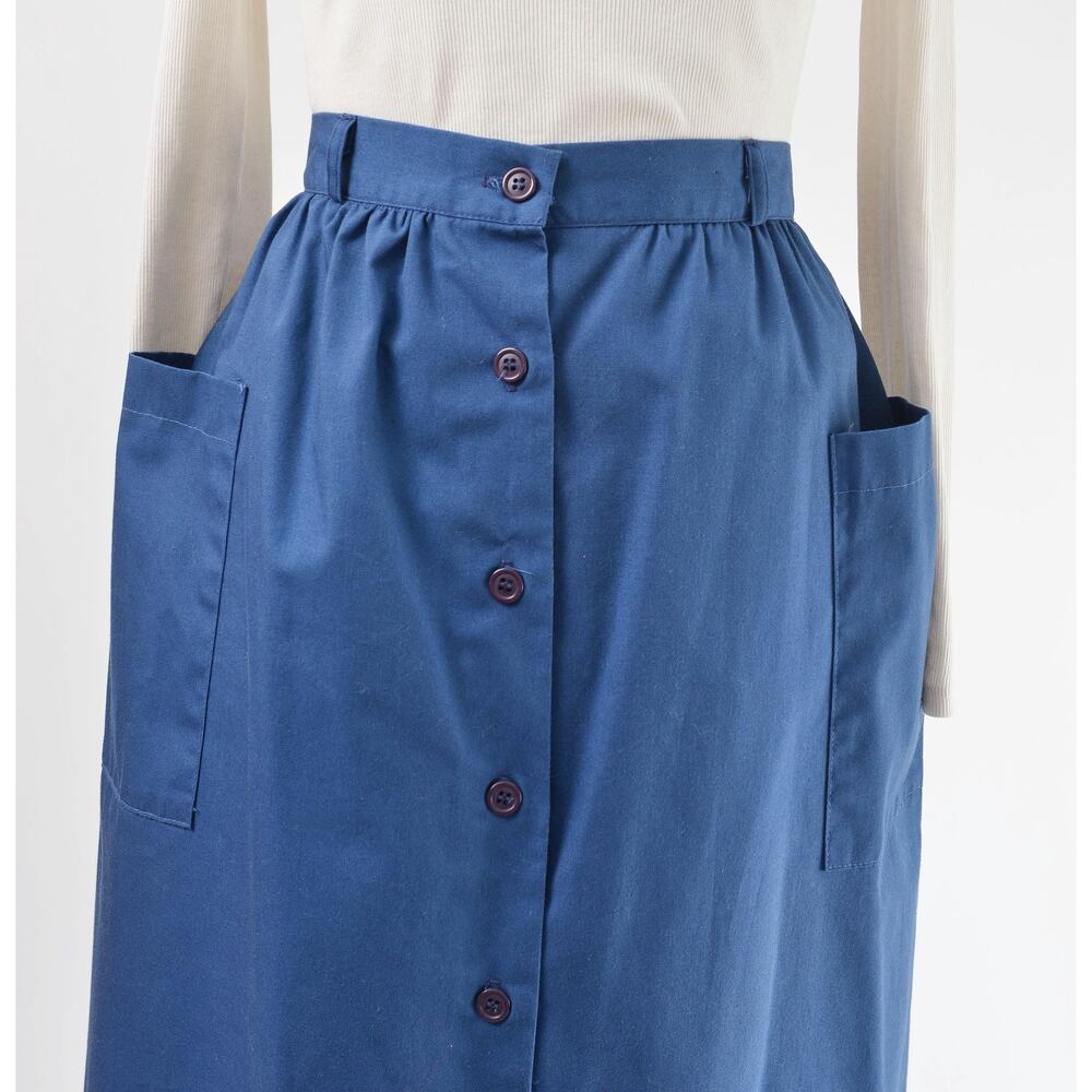 Vintage 70s Navy Blue Cotton Blend Button Front Midi Skirt with Pockets M - Picture 6 of 7